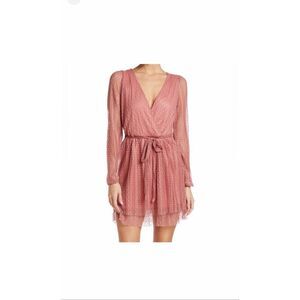 KENEDIK WOMEN'S PLEATED DOT MESH LONG SLEEVE DRESS PINK MAUVE Small